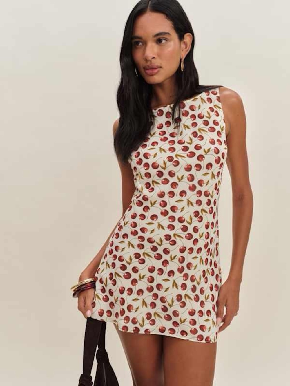 Reformation White Cherry-Print Sleeveless Mini Dress